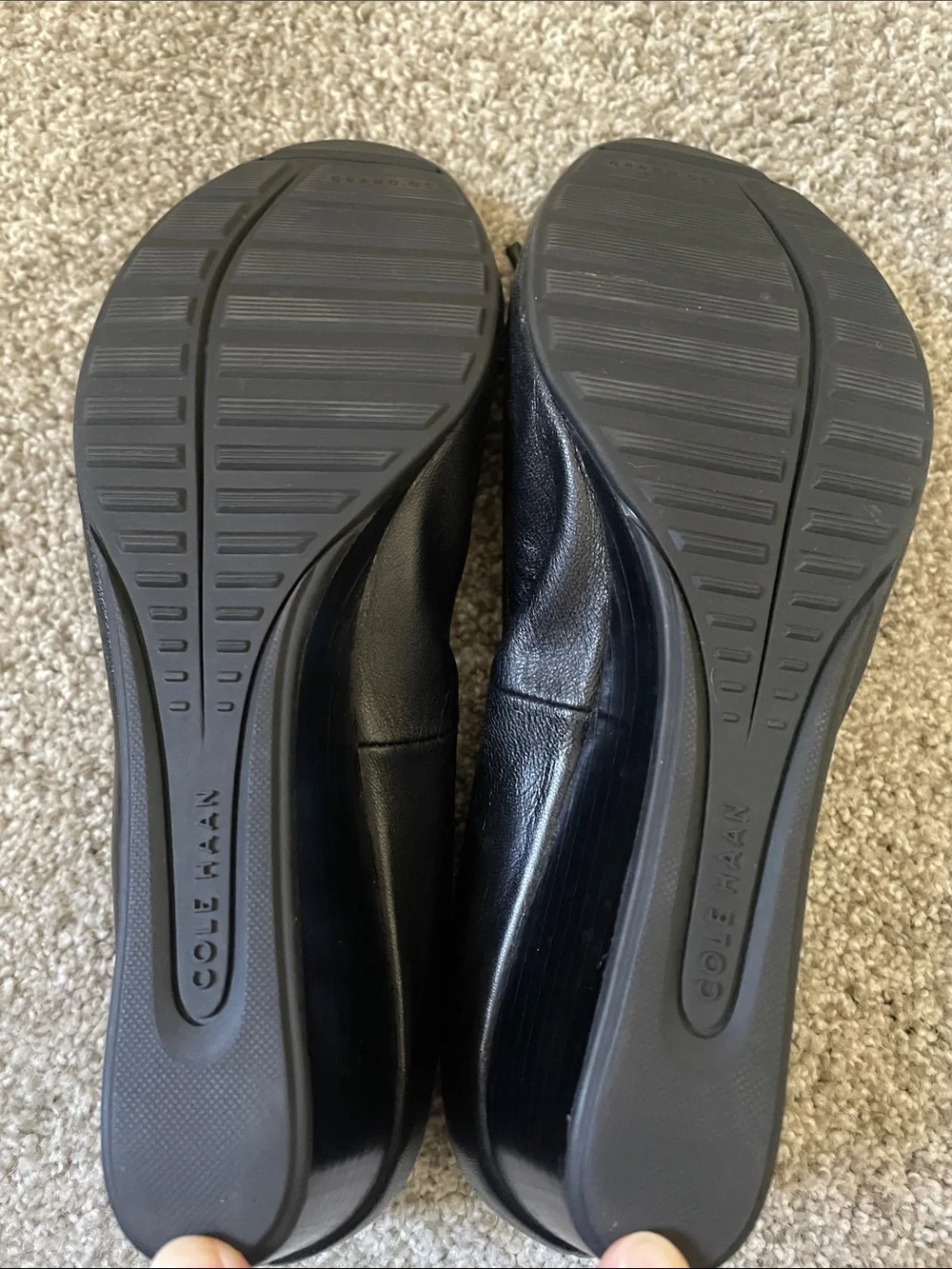 Cole Haan Tali Grand Wedge Sz 9 Black Leather Ballet Flats Braided Bow 1.5” heel